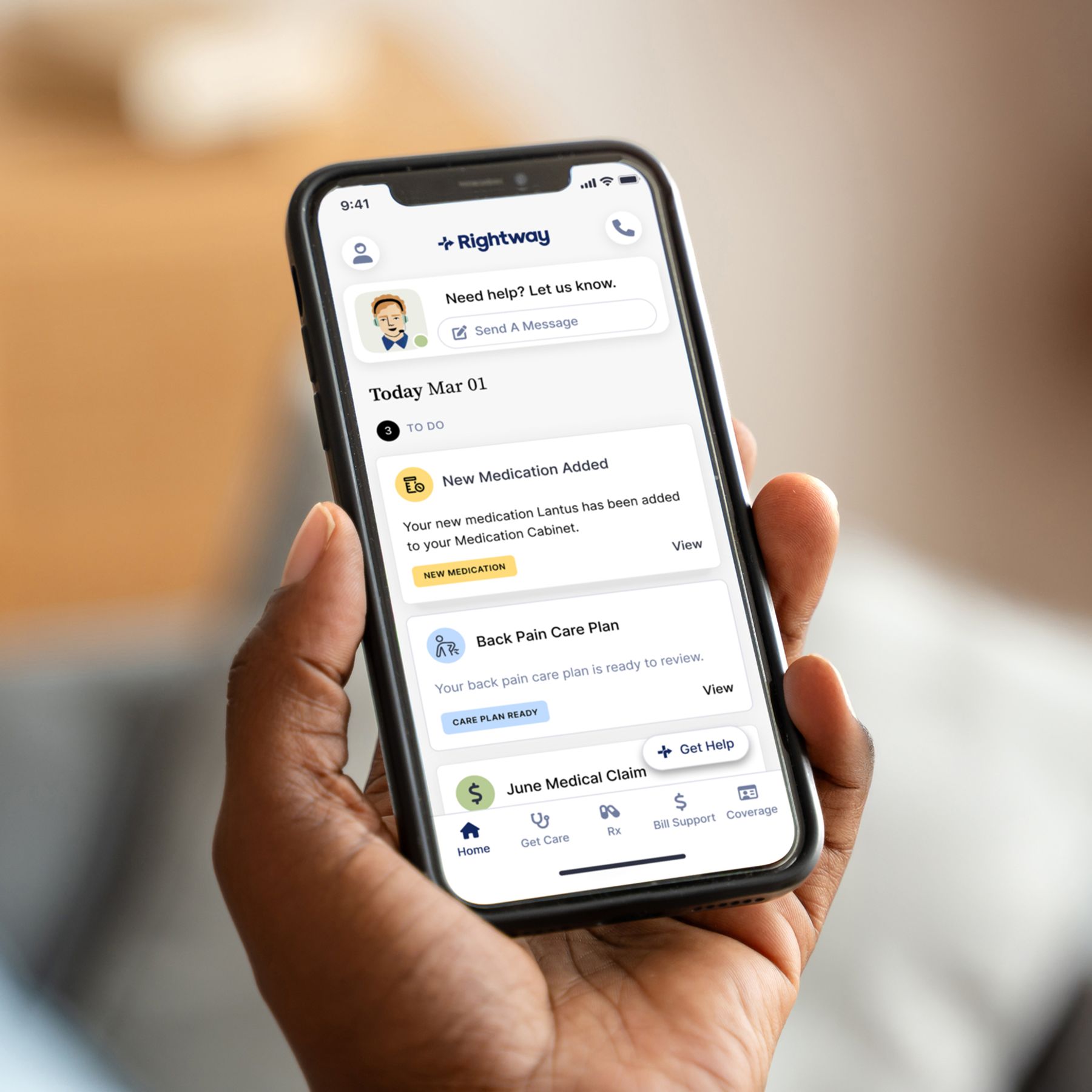 Persons hand holding a phone with the Rightway app