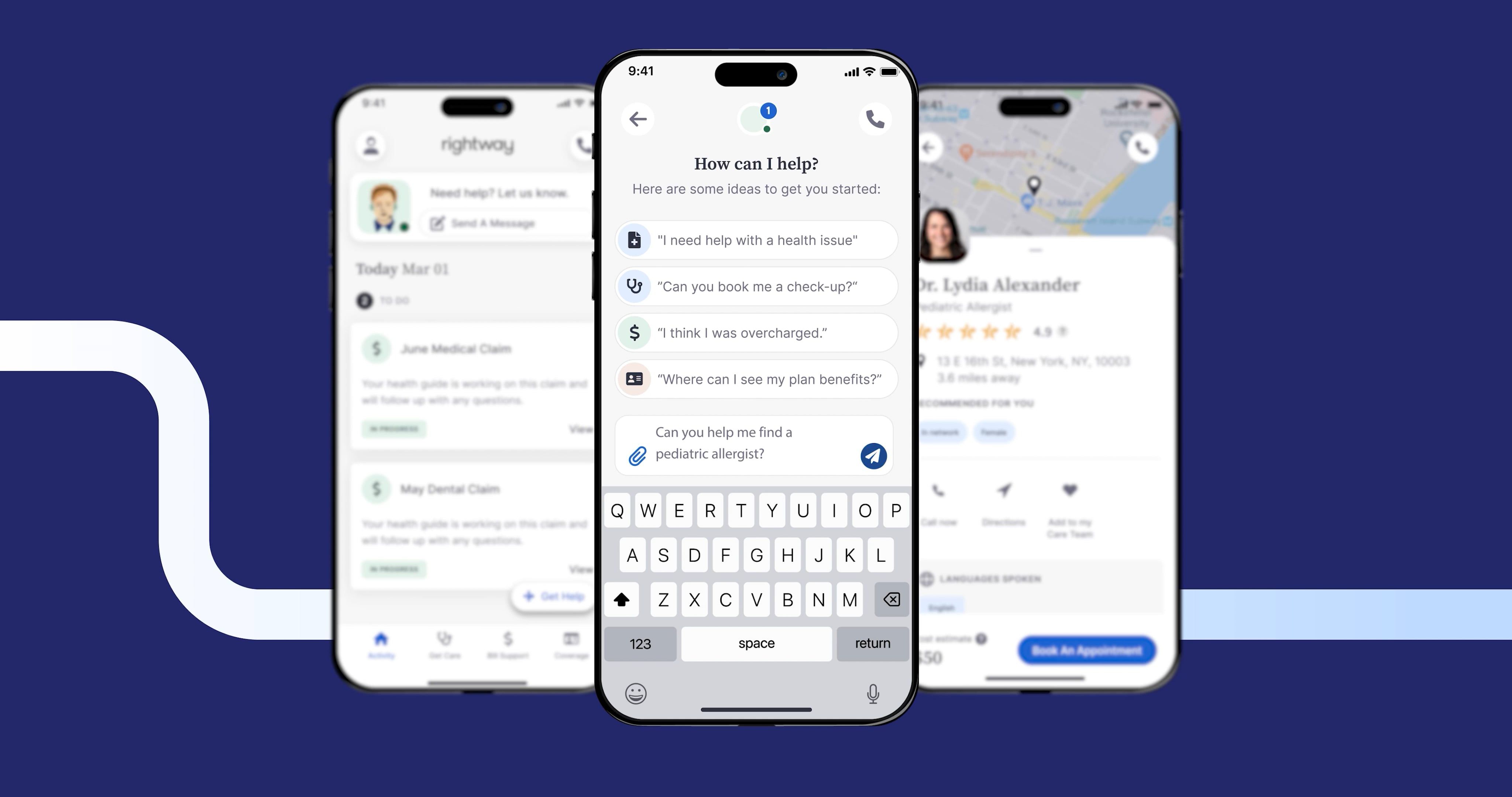 Care navigation app demo screens.