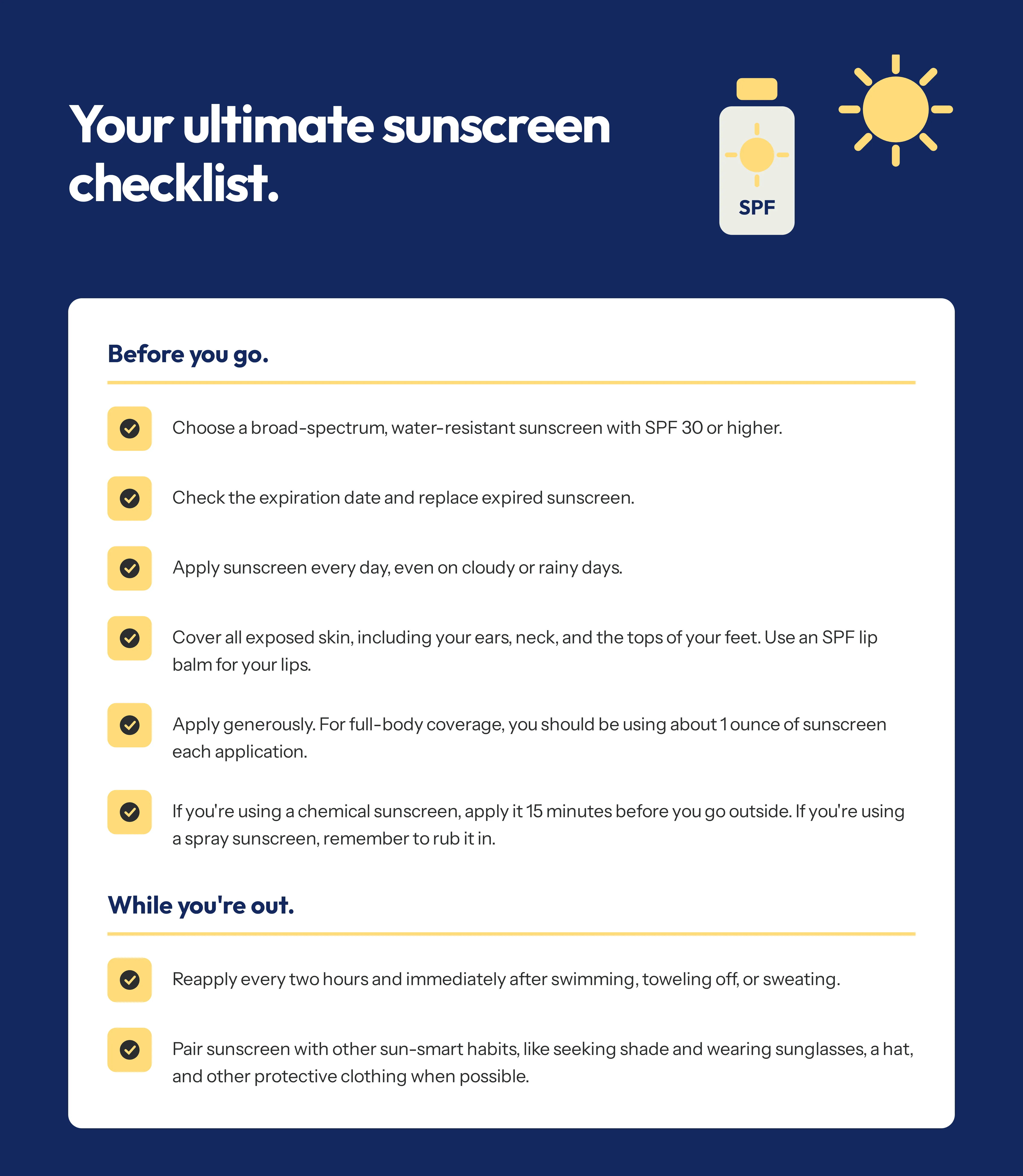 Checklist for choosing and applying sunscreen