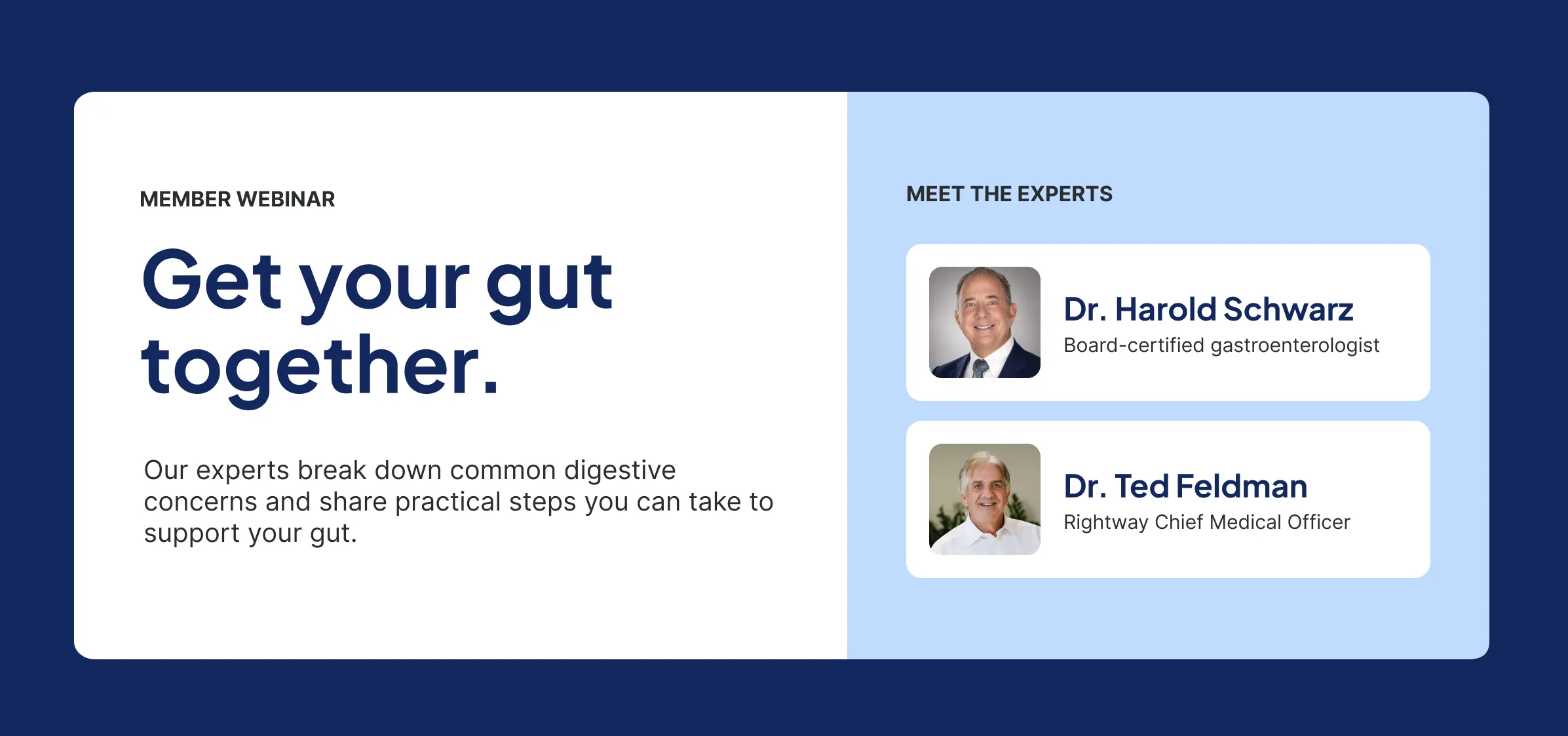 Graphic providing information on Rightway's member webinar: Get your gut together. The webinar featured gut health experts including a board-certified gastroenterologist.