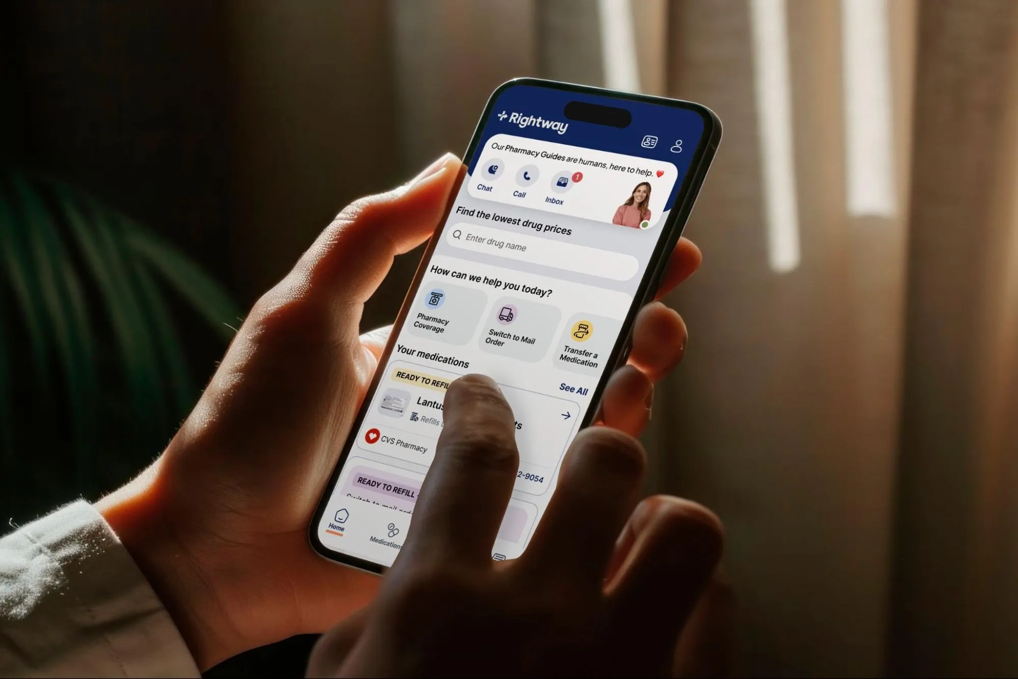 Rightway app on a smartphone showing drug price search and medication tools.