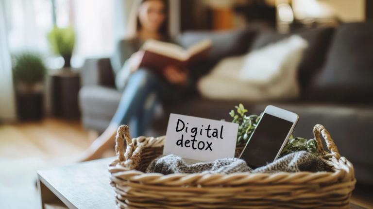 A phone put in a basket with a sign that says digital detox.