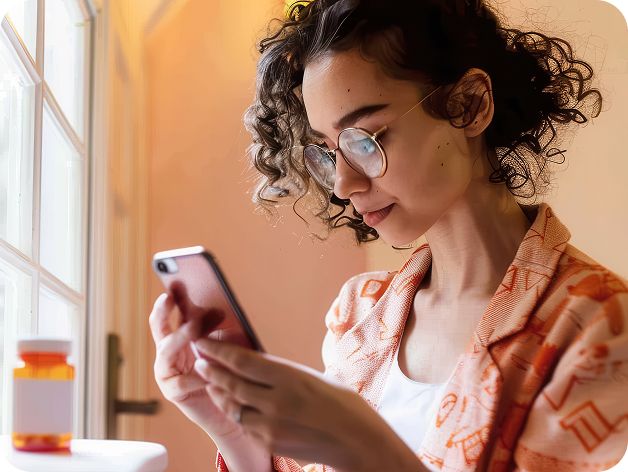 Woman looking at phone with medication on table