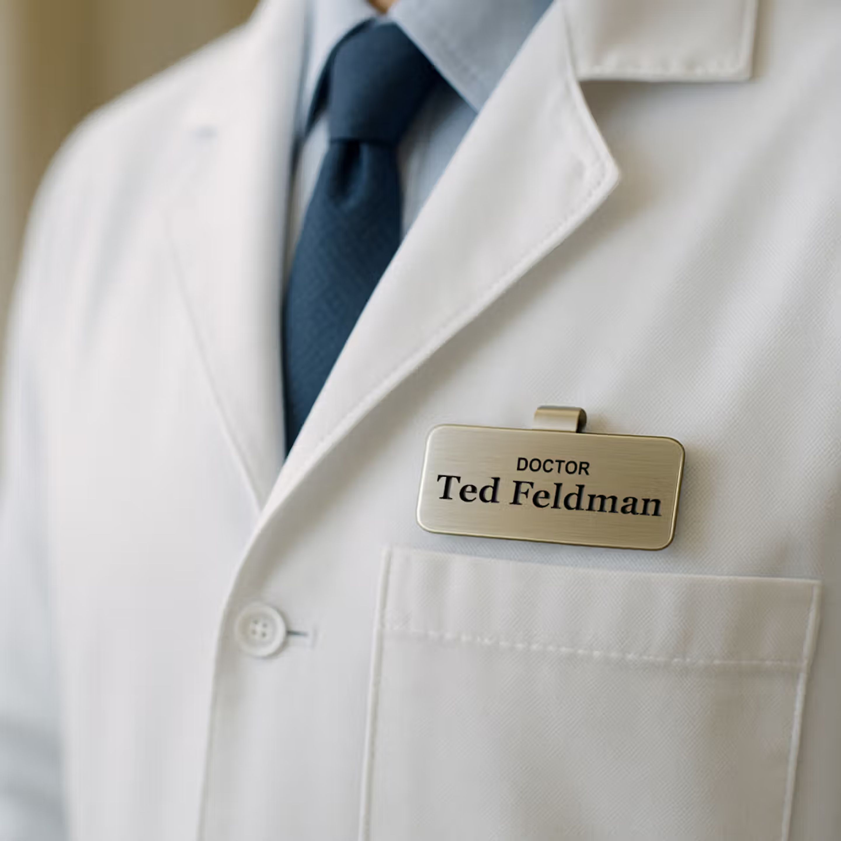 Close up of lab coat with name tag that says Dr. Ted Feldman