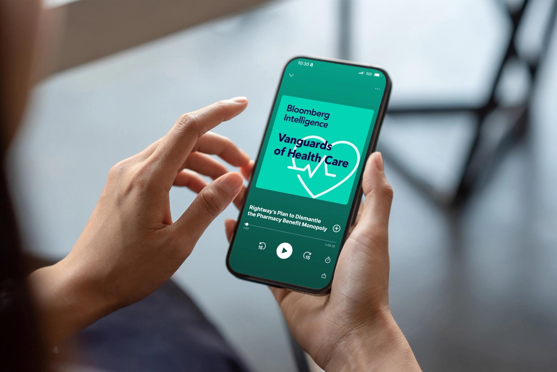 Rightway | Clinical Care Navigation | Effective Transparent PBM.. hands holding phone with podcast on screen