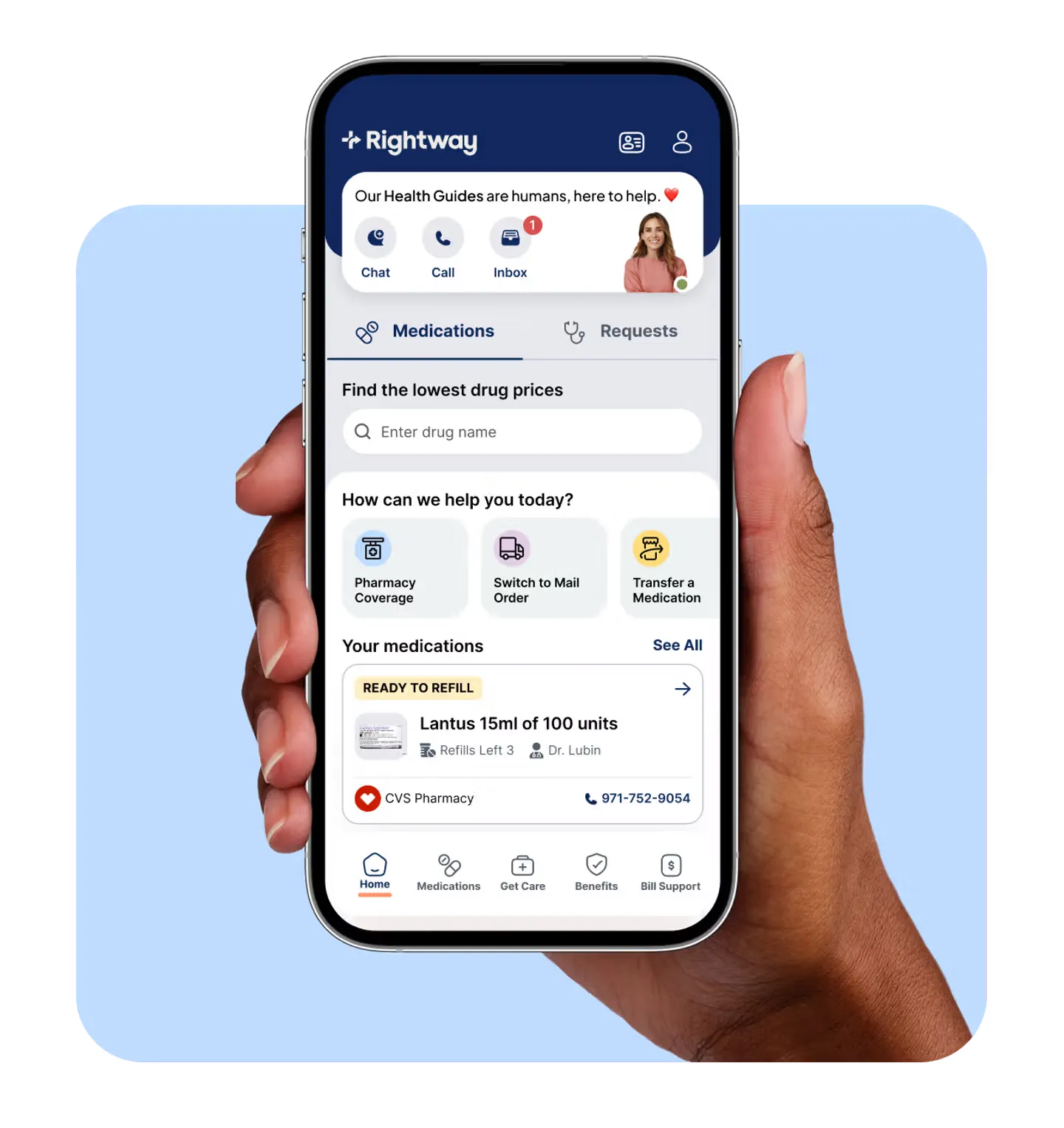A member accessing the Rightway app to search for the lowest-cost drug prices.