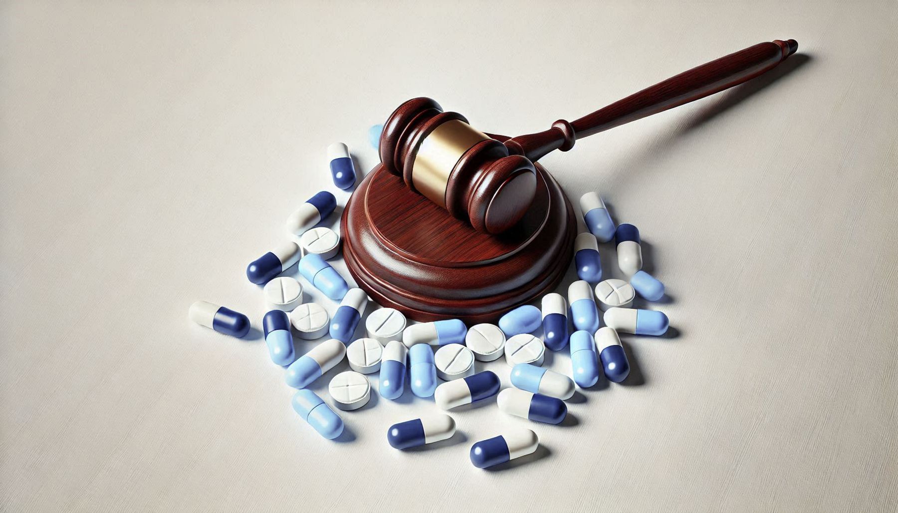 Rightway | Clinical Care Navigation | Effective Transparent PBM.. Wooden gavel surrounded by blue pills