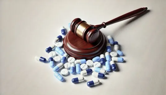 Wooden gavel surrounded by blue pills
