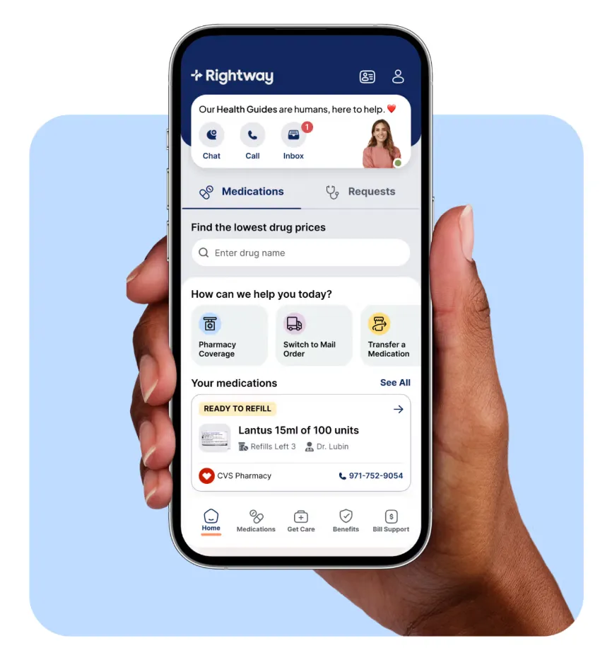 Hand holding a phone with the Rightway app open, showing an option to search for the lowest priced medication options.