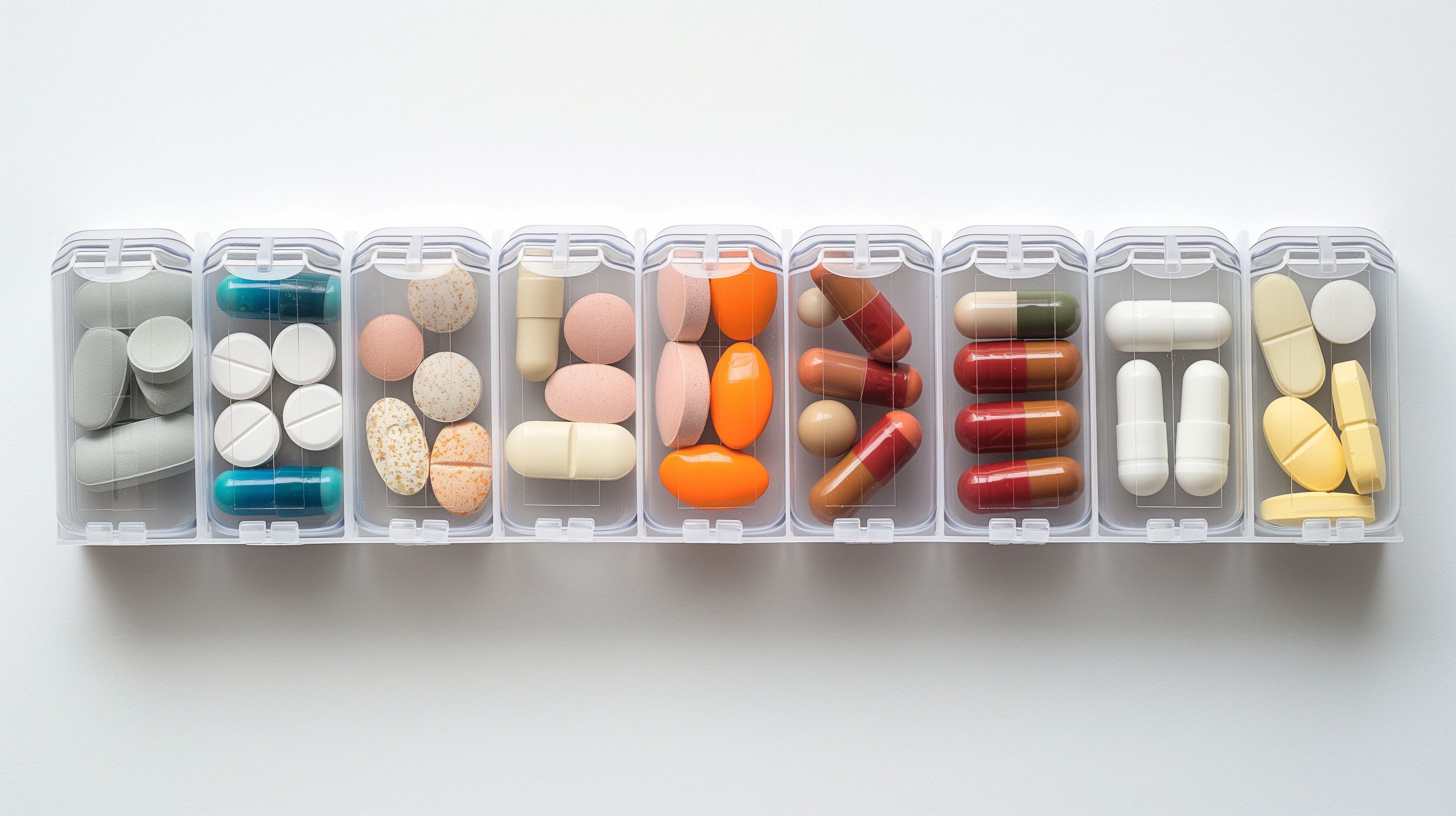 assortment of colorful pills in pill organizer