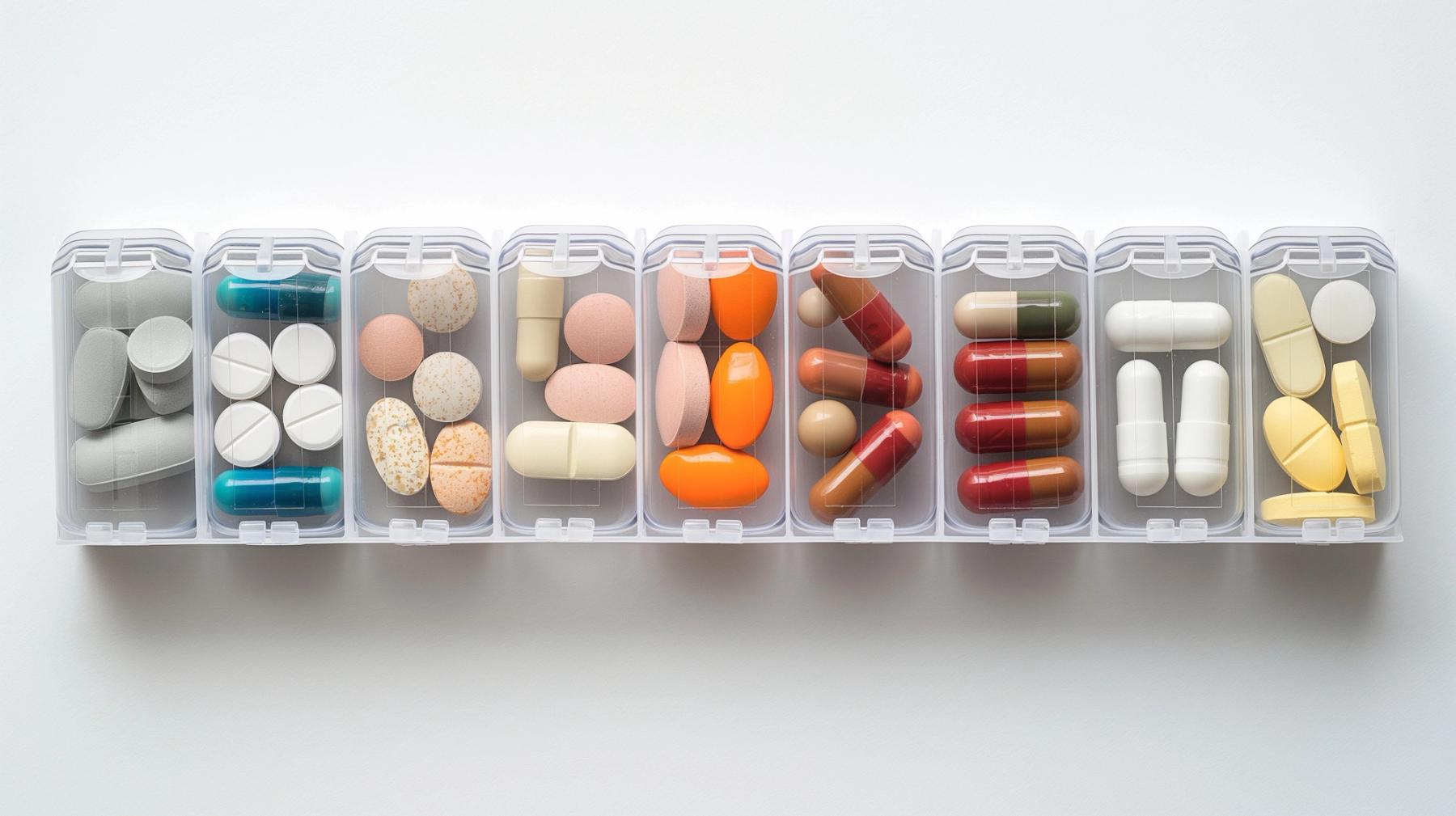Rightway | Clinical Care Navigation | Effective Transparent PBM.. assortment of colorful pills in pill organizer