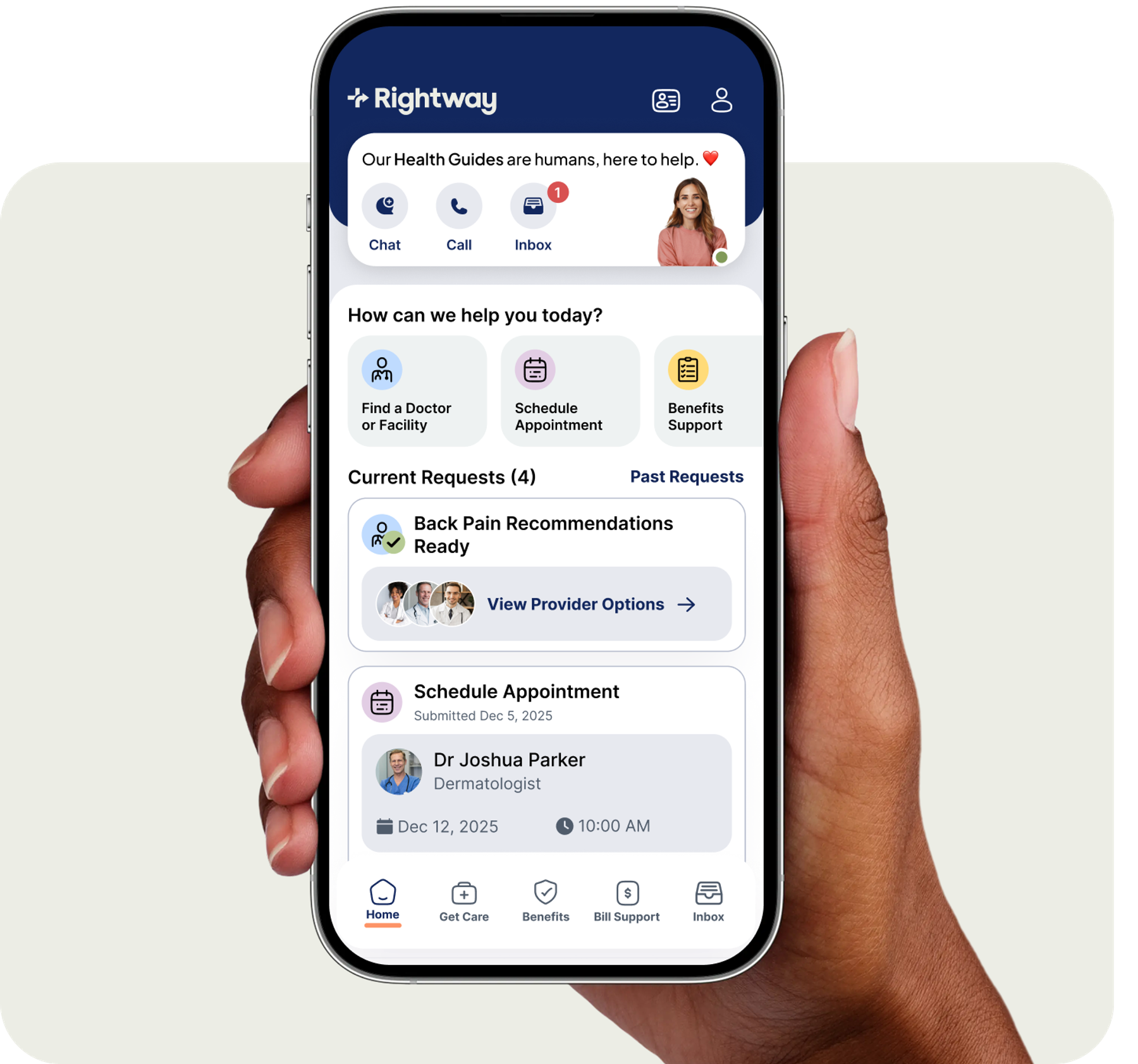 Hand holding phone with Rightway care navigation app