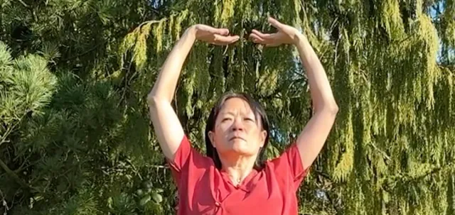 doing yoga and qigong practice in the garden.