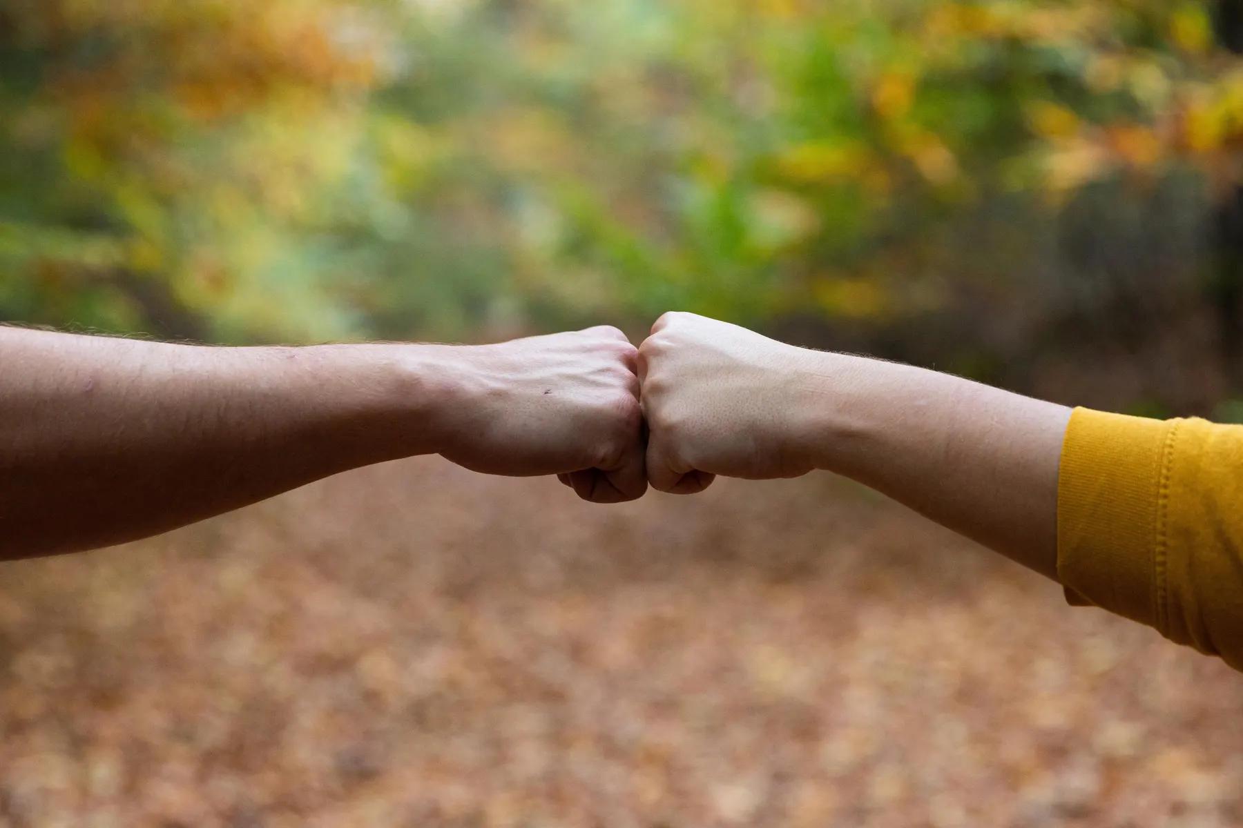 Twee vuisten tegen elkaar in het herfstbos