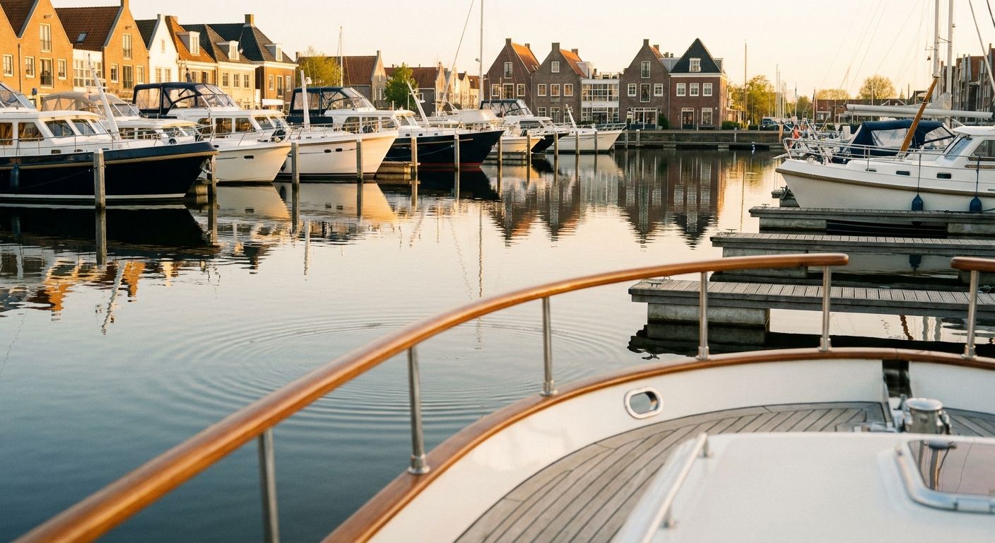 Rustige Nederlandse jachthaven bij gouden uur met afgemeerde jachten