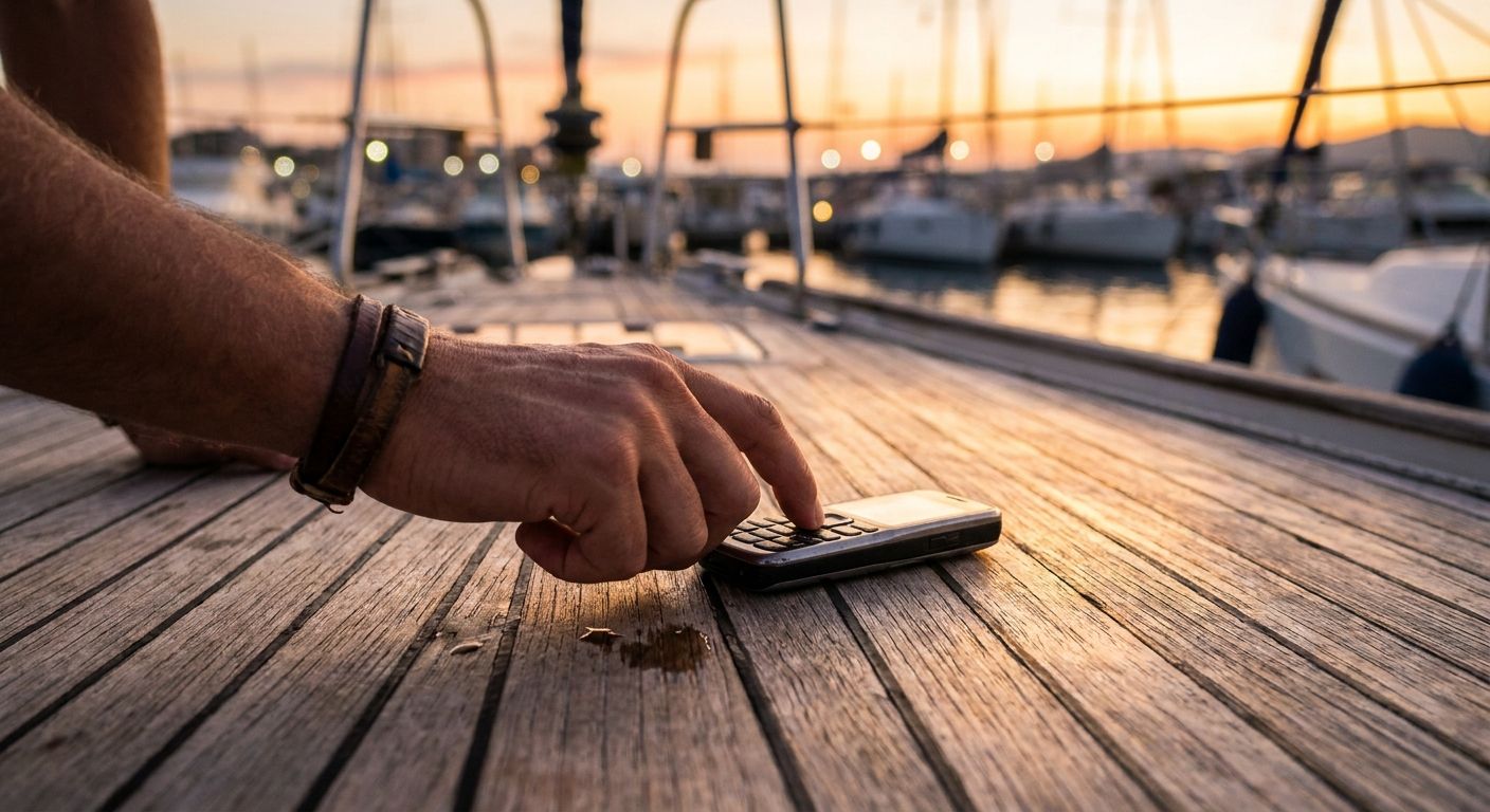 Hand die een telefoonnummer belt vanaf een bootdek bij zonsondergang