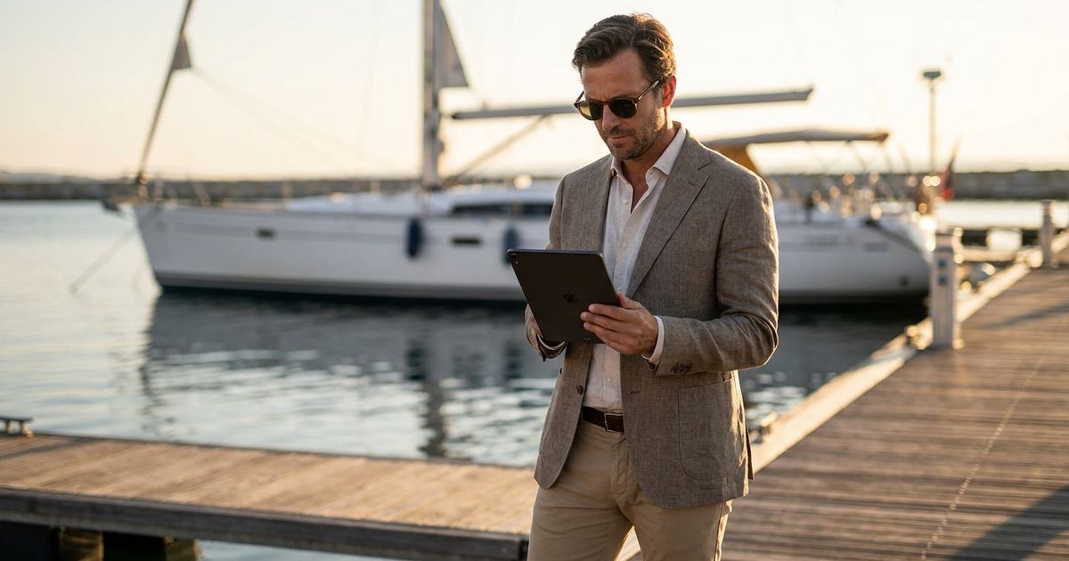 Jachteigenaar bekijkt een website op een tablet op de steiger, jacht wazig op de achtergrond