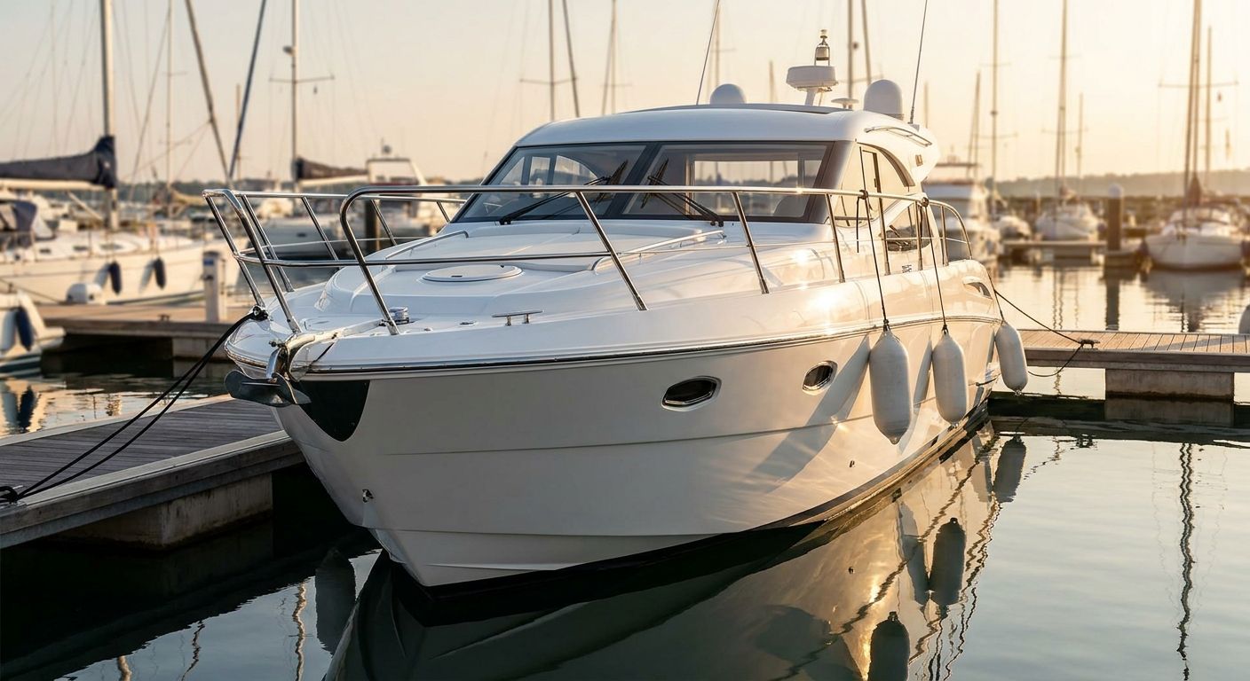 Recent verkocht motorjacht afgemeerd op zijn nieuwe ligplaats bij gouden namiddaglicht