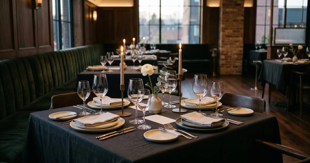 Fine dining restaurant interieur met zorgvuldig voorbereide tafel vóór service