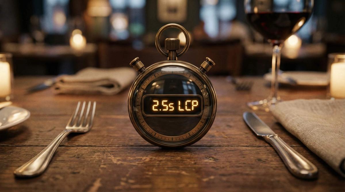 Een timer op een restauranttafel die 2.5s LCP toont, symbool voor de ideale laadtijd volgens Google Core Web Vitals.