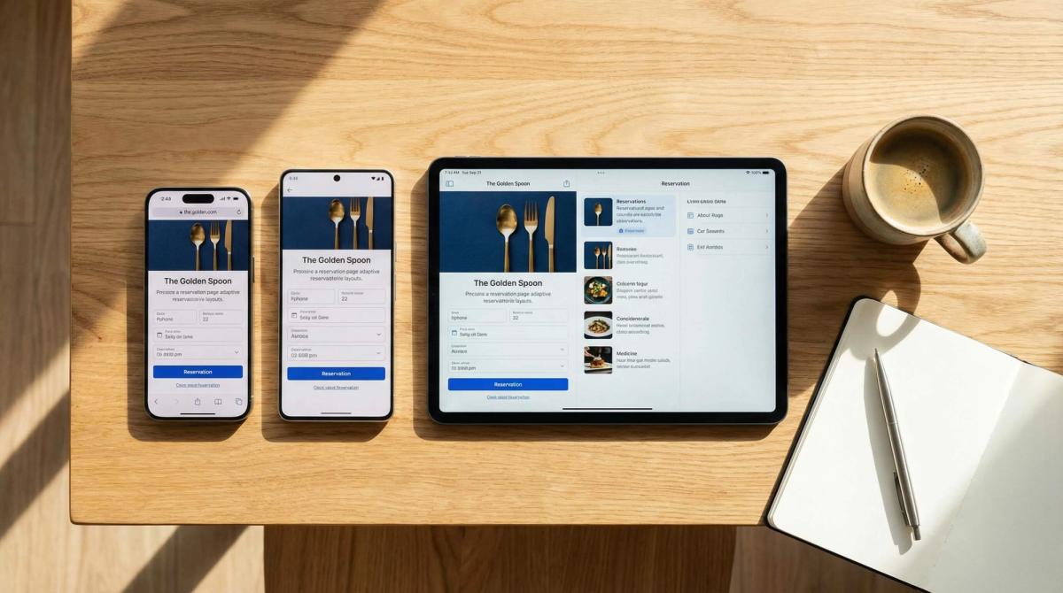 Drie verschillende apparaten (iPhone, Android, tablet) die een perfect werkende responsive restaurant website tonen.