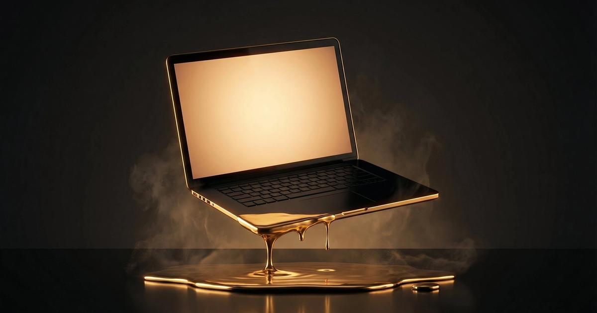 Conceptuele 3D-afbeelding van een laptop waar vloeibaar goud uit lekt, symbool voor omzetverlies door een slechte website.