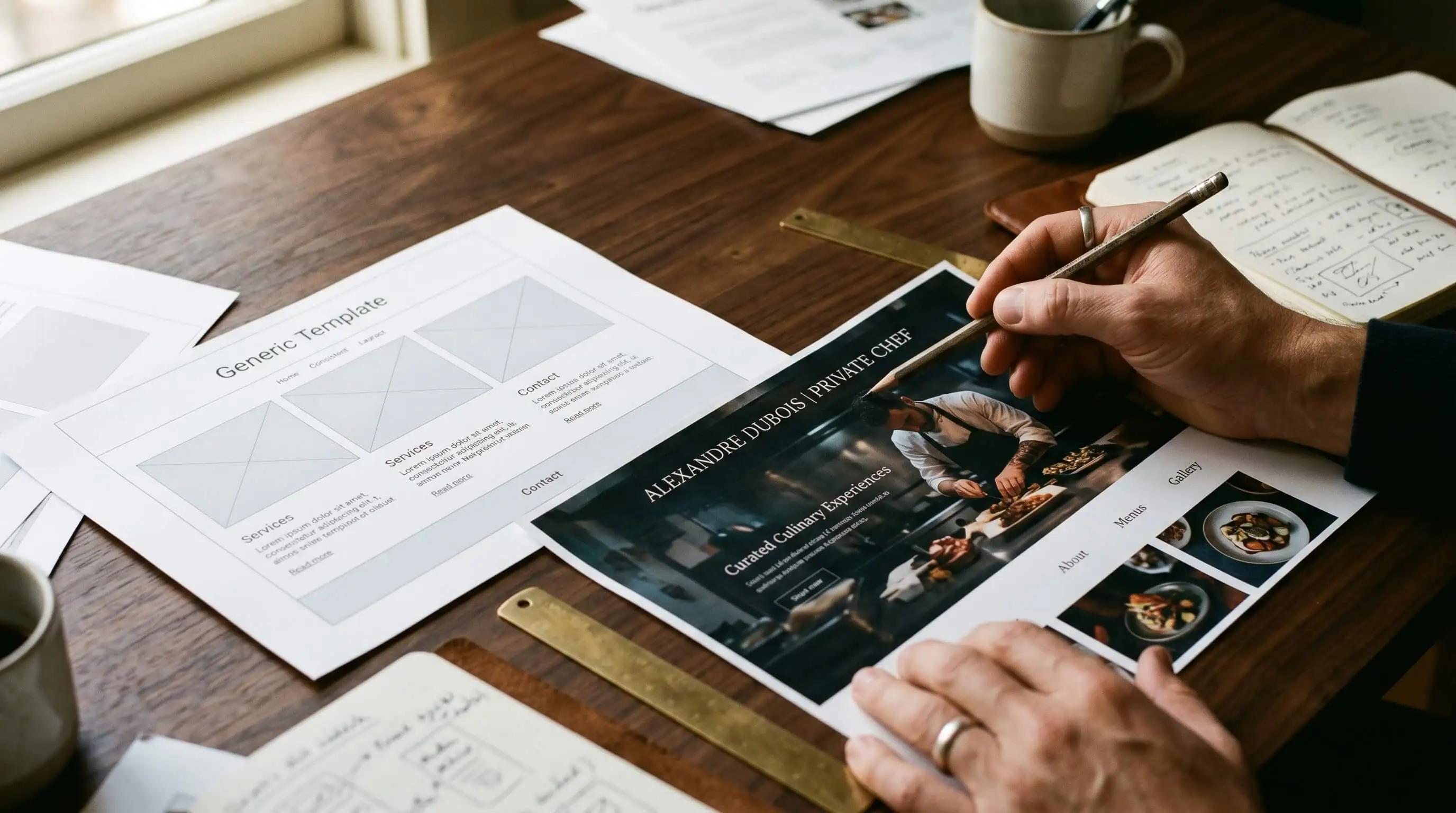 Bureau vergelijkt een generiek websitesjabloon met een maatwerk private chef website ontwerp