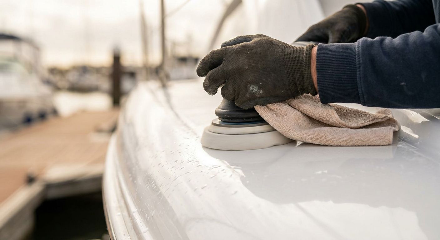 Close-up of hands polishing a gelcoat surface with reflections of harbor lighting