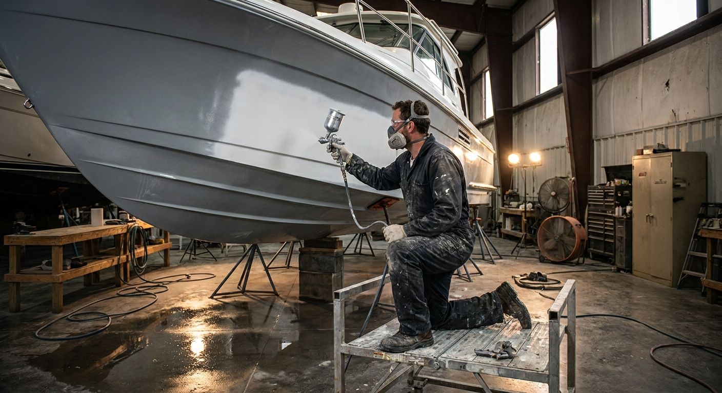Jachtverzorgingsvakman brengt gelcoat aan op een motorjacht in een scheepshal
