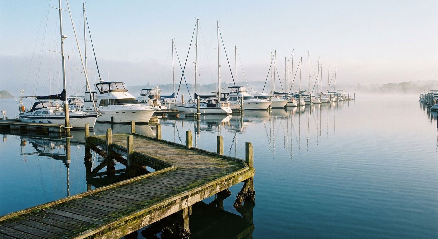 Jachthaven op ooghoogte bij zacht ochtendlicht, zeiljachten en motorboten op een rij