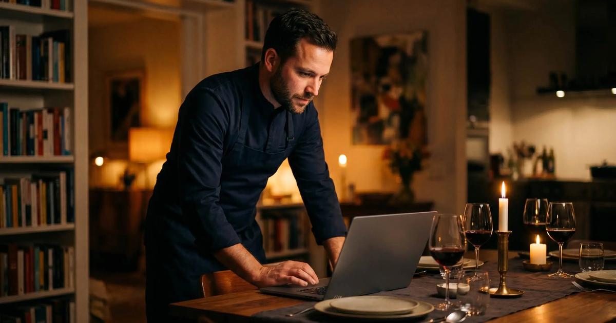 Private chef bekijkt zijn websitepresentatie op laptop aan een gedekte privé-dining tafel bij kaarslicht