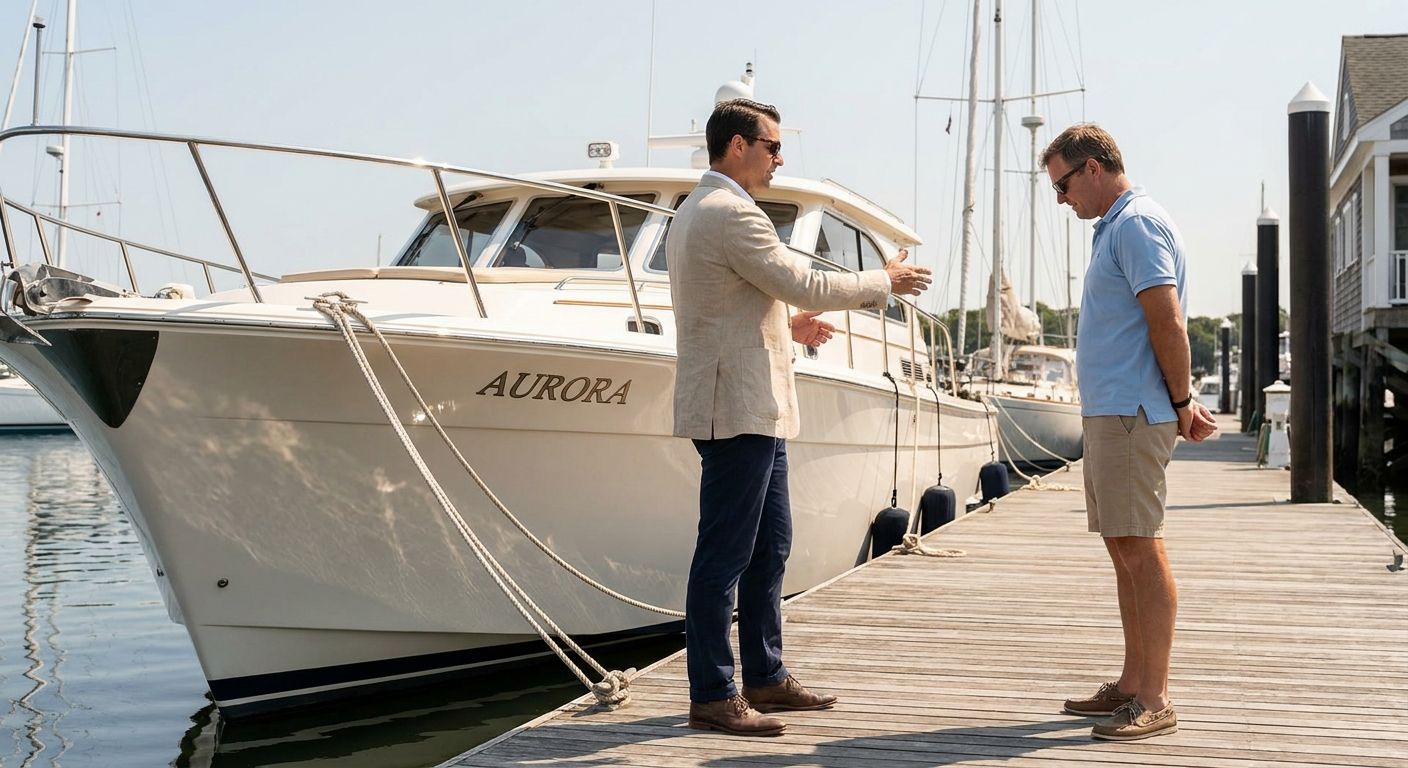 Yacht broker gestures toward a motor yacht while a potential buyer listens on a wooden dock