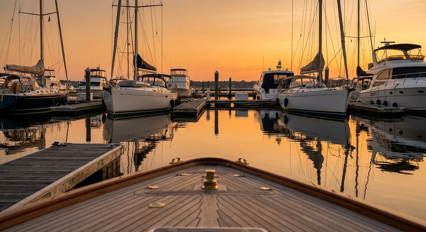 Quiet marina at golden hour with moored yachts