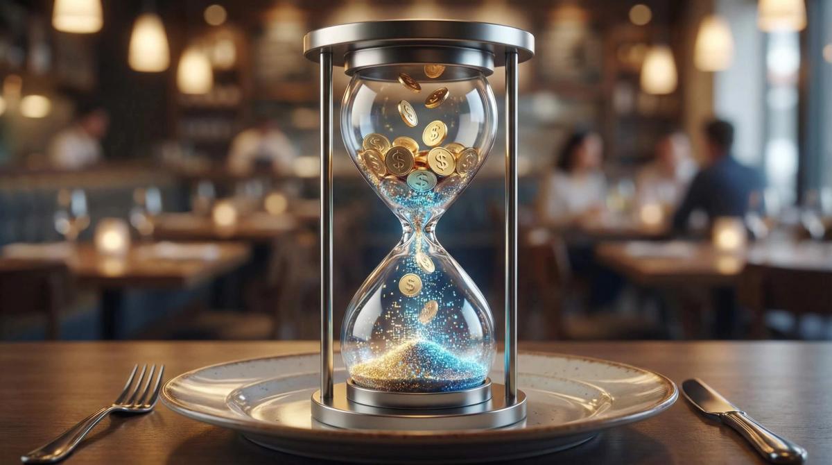 Een zandloper op een restaurantbord waar gouden munten doorheen glippen, symbool voor omzetverlies en lagere conversie door een trage website.