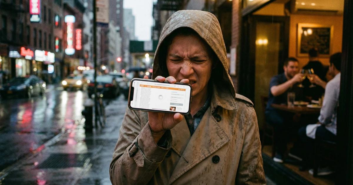 Een gefrustreerde voorbijganger probeert tevergeefs te reserveren via een slecht geoptimaliseerde mobiele restaurant website.