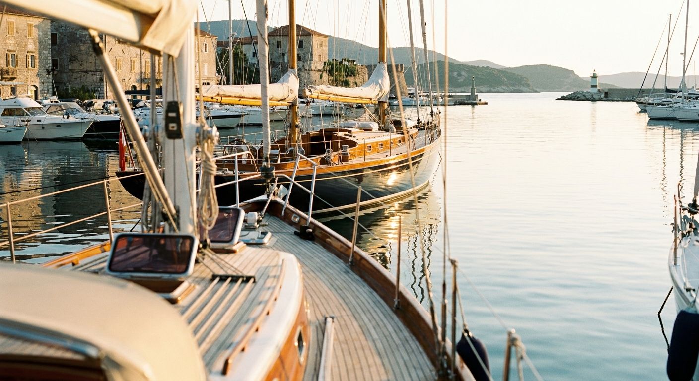 Polished yacht moored in a quiet marina at golden hour