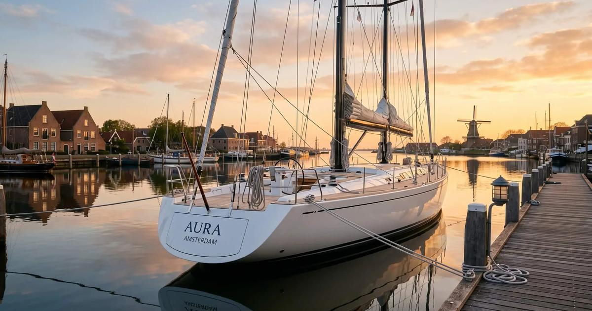 Wit zeiljacht afgemeerd in een Nederlandse jachthaven bij zonsondergang met windmolen en historische bebouwing op de achtergrond