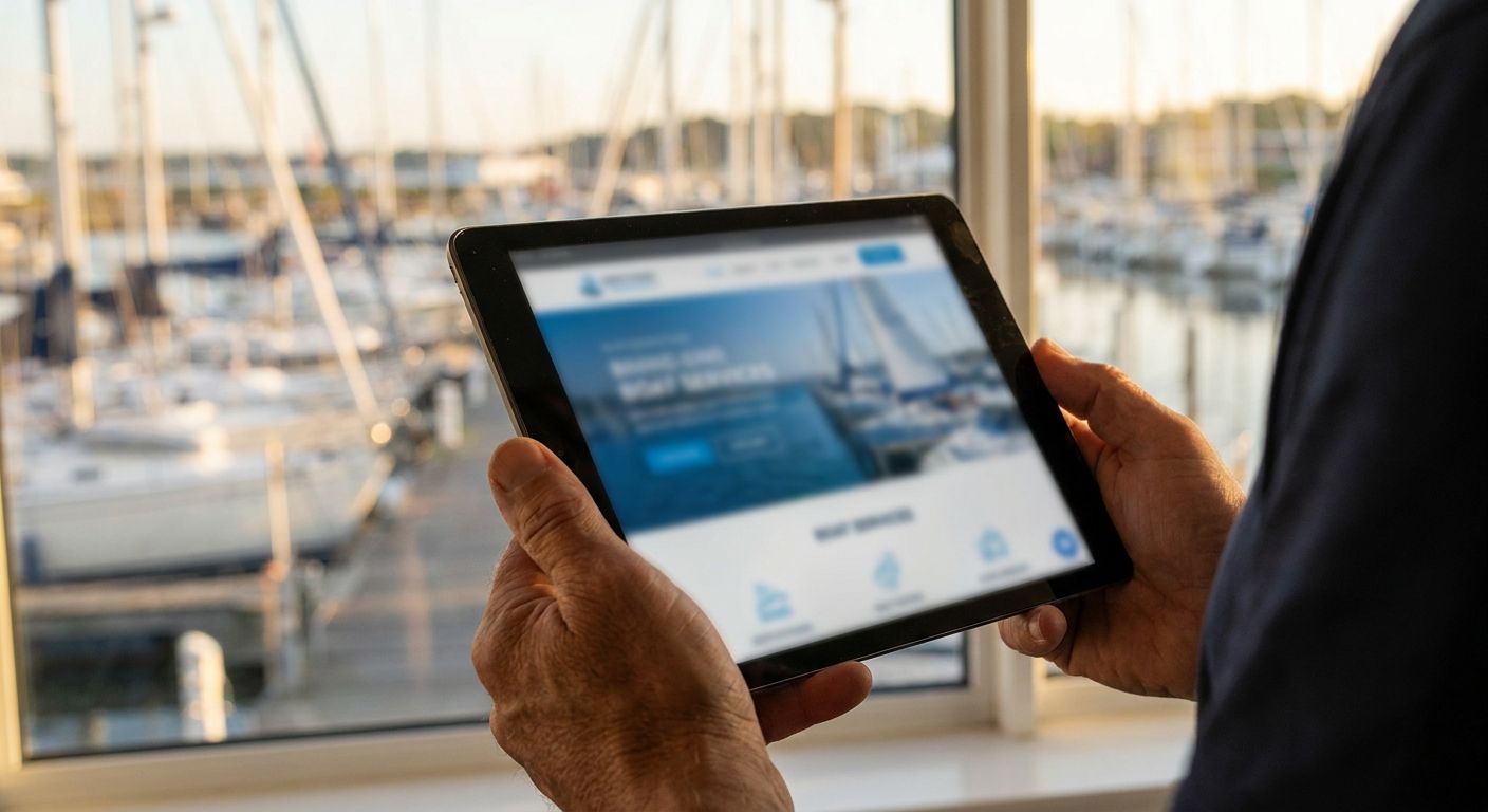 Jachteigenaar bekijkt een website op een tablet op de steiger, jacht wazig op de achtergrond