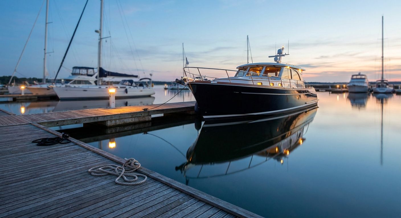 Goed onderhouden jacht afgemeerd in een rustige jachthaven bij schemering