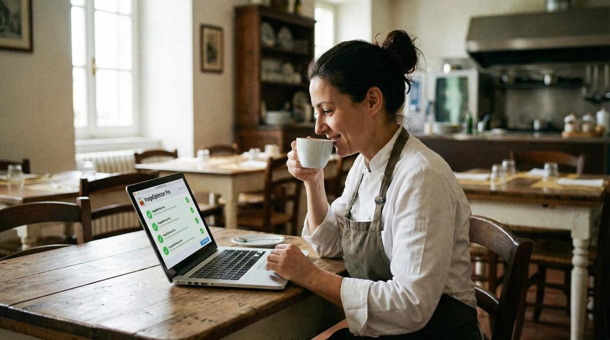 Een restauranteigenaar werkt op een laptop in de zaak aan het optimaliseren van de website snelheid en foto compressie.