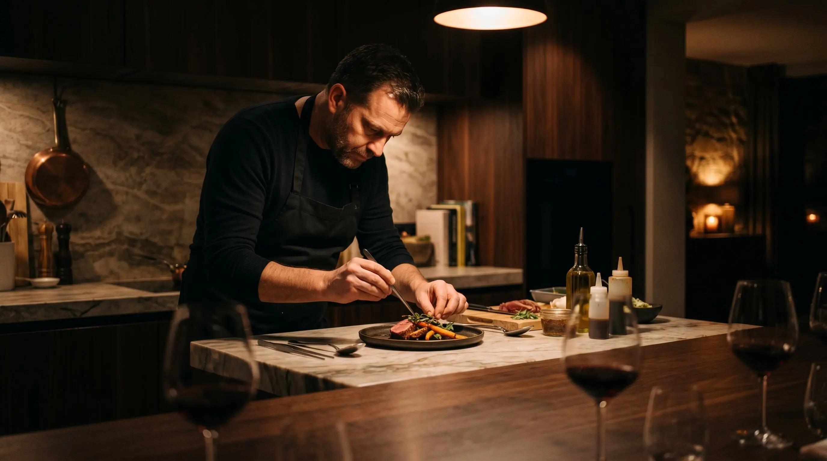 Private chef die een gerecht opmaakt in een resideëntiele keuken bij warme sfeerverlichting