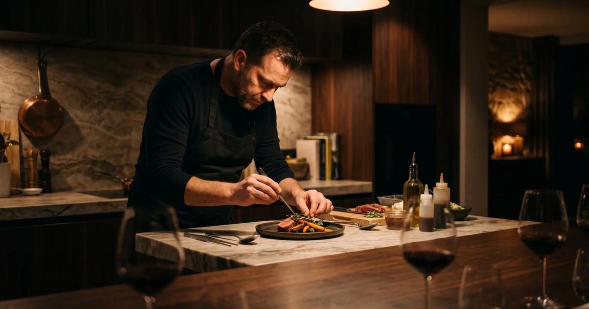 Privé chef die een gerecht afmaakt in een huiselijke setting