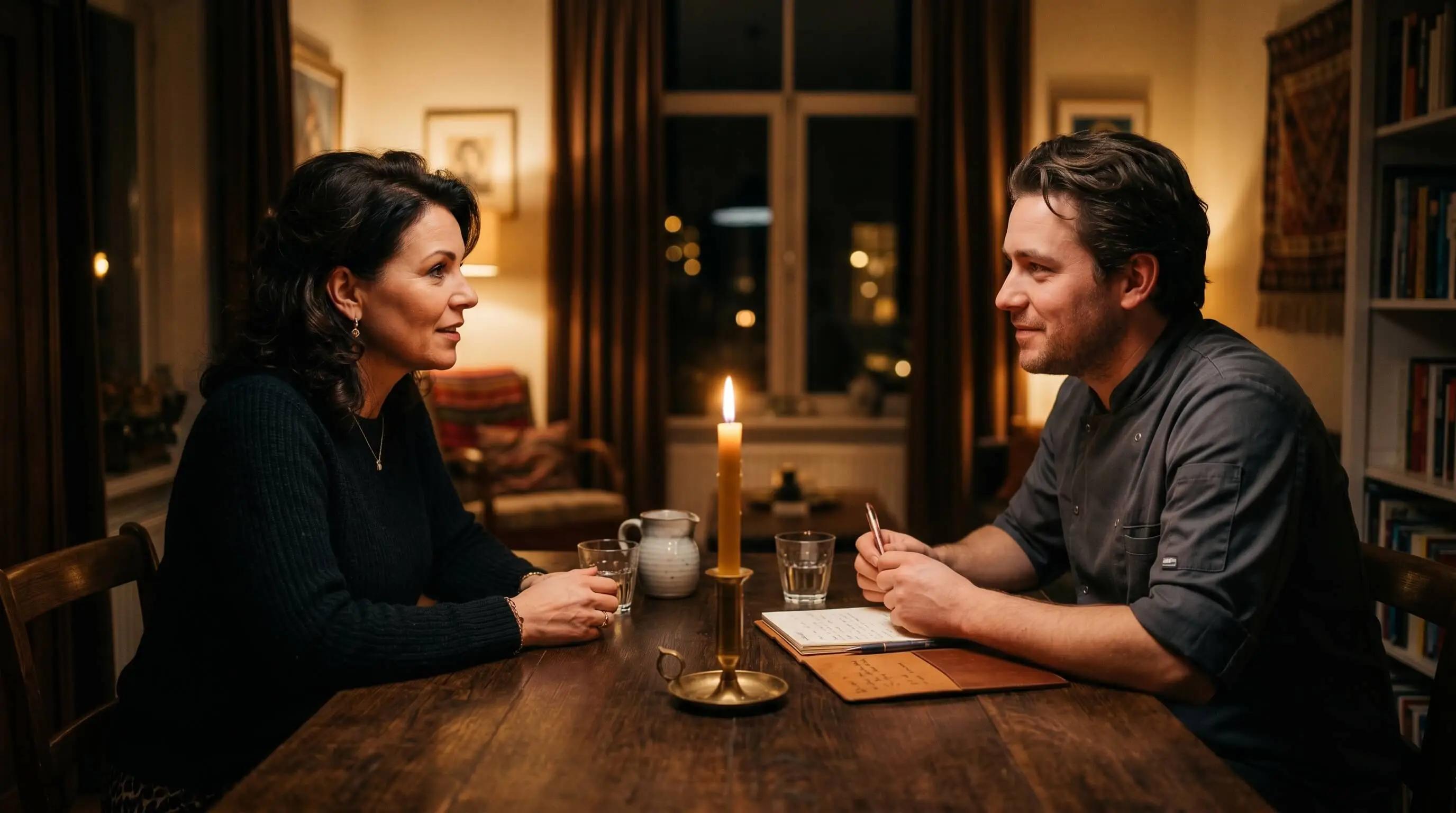 Private chef en klant in gesprek aan een houten tafel bij kaarslicht in een resideëntiele setting