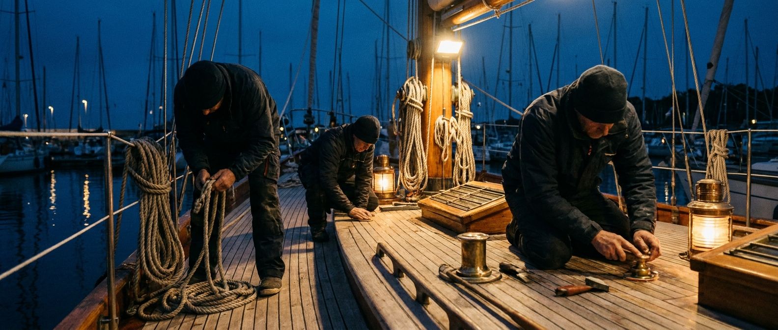 Yacht maintenance team working on deck upkeep in a marina at dusk