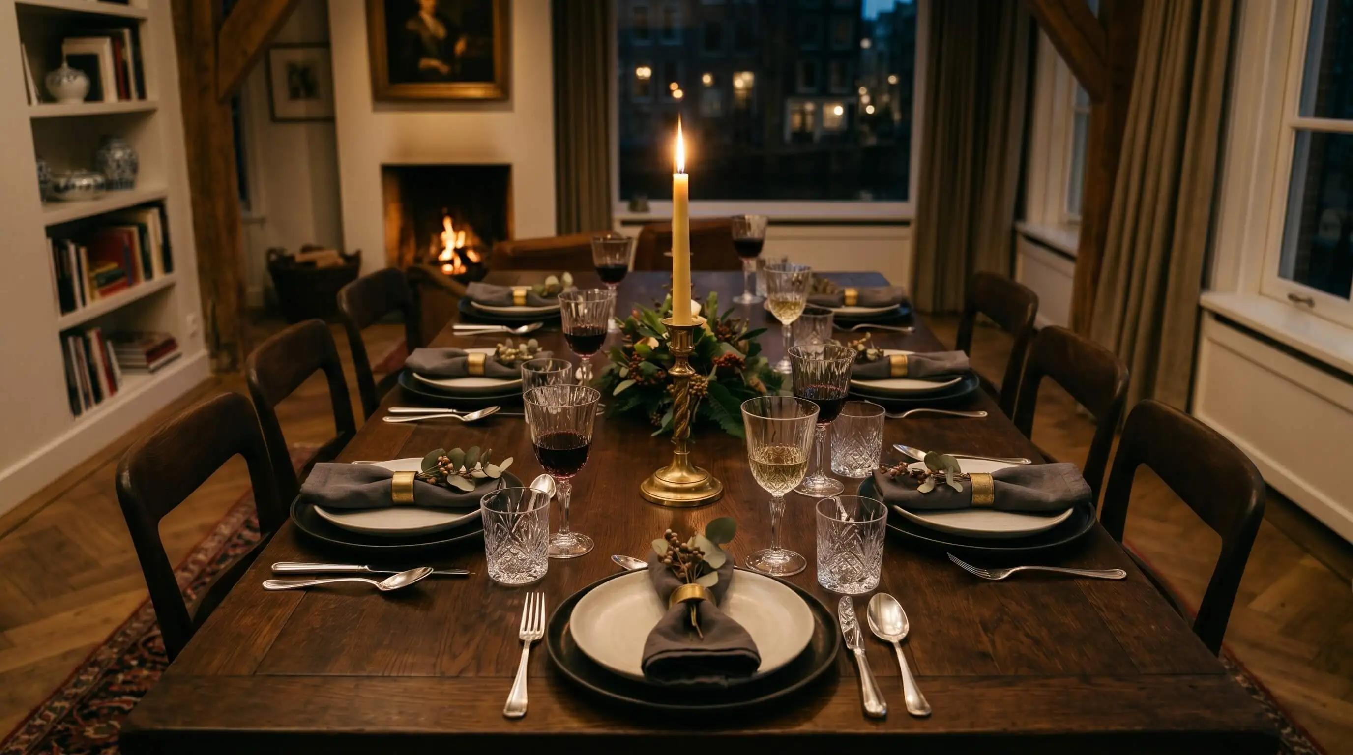 Gedekte eettafel in een Amsterdams grachtenpand met open haard, kaarslicht en linnengoed voor een besloten privédiner