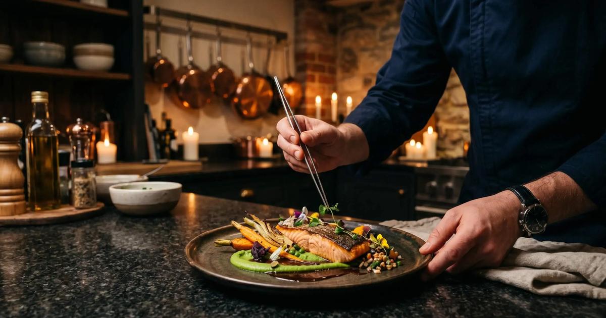 Private chef die in een intieme huiskamerkeuken een verfijnd gerecht afmaakt voor een klein gezelschap.