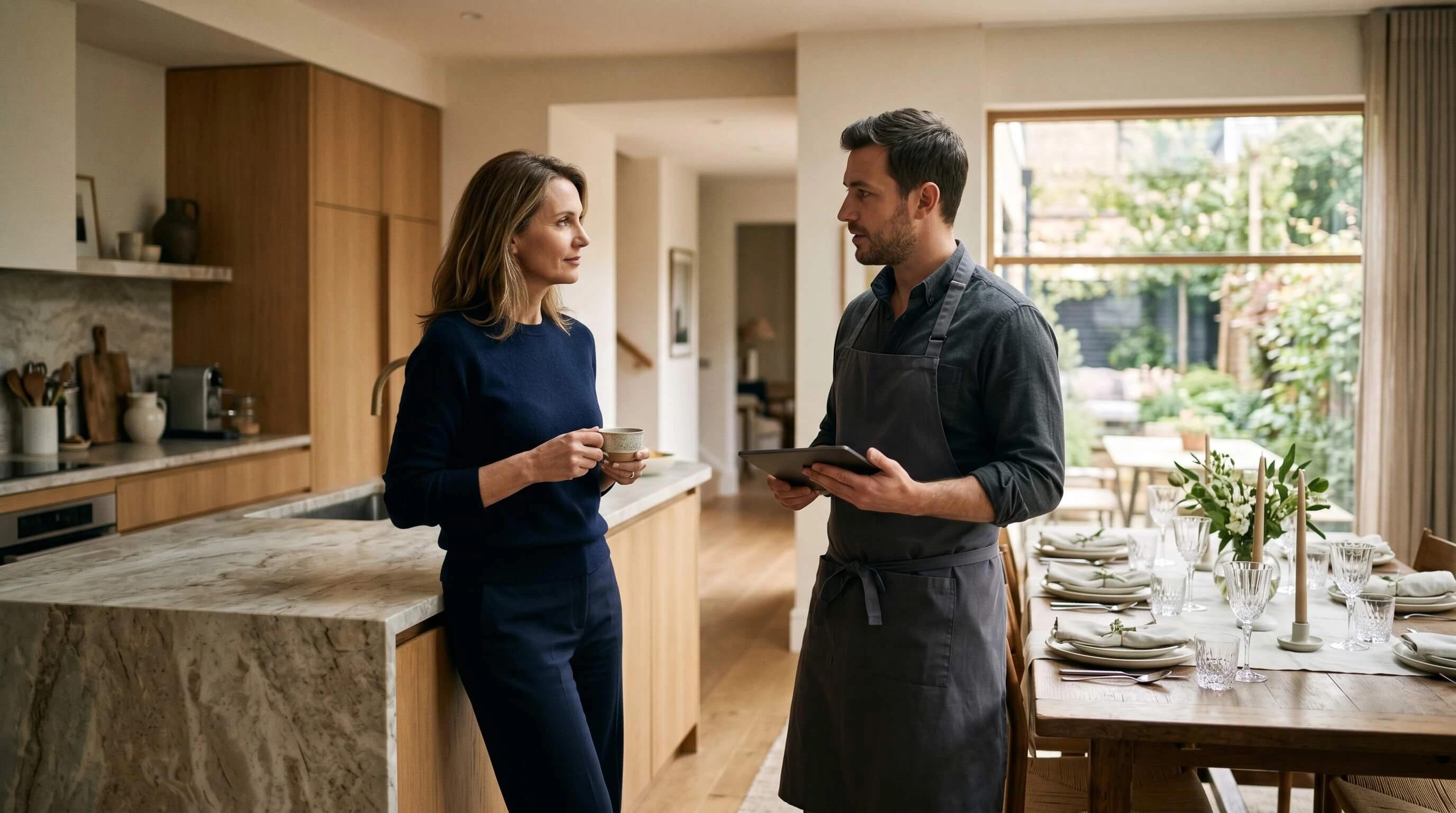 Rustig afstemmingsmoment tussen host en private chef in een stijlvolle woning