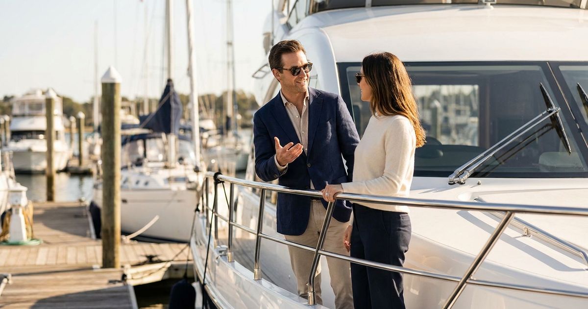 Jachtmakelaar in gesprek met een potentiële koper op een steiger naast een motorjacht