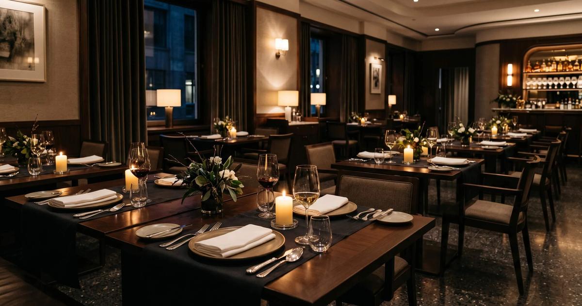 Fine dining restaurant interieur dat volledig voorbereid en gecontroleerd aanvoelt vóór service