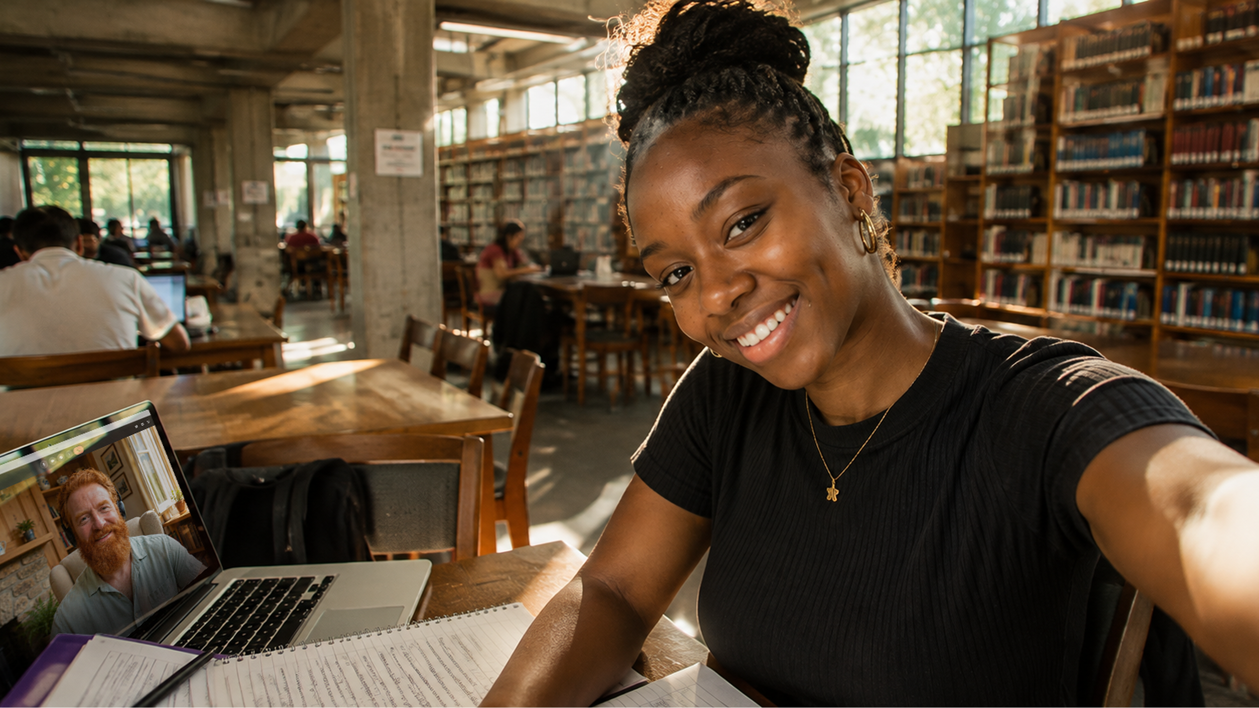 University student practicing English with an online tutor on a video call while studying in a university library